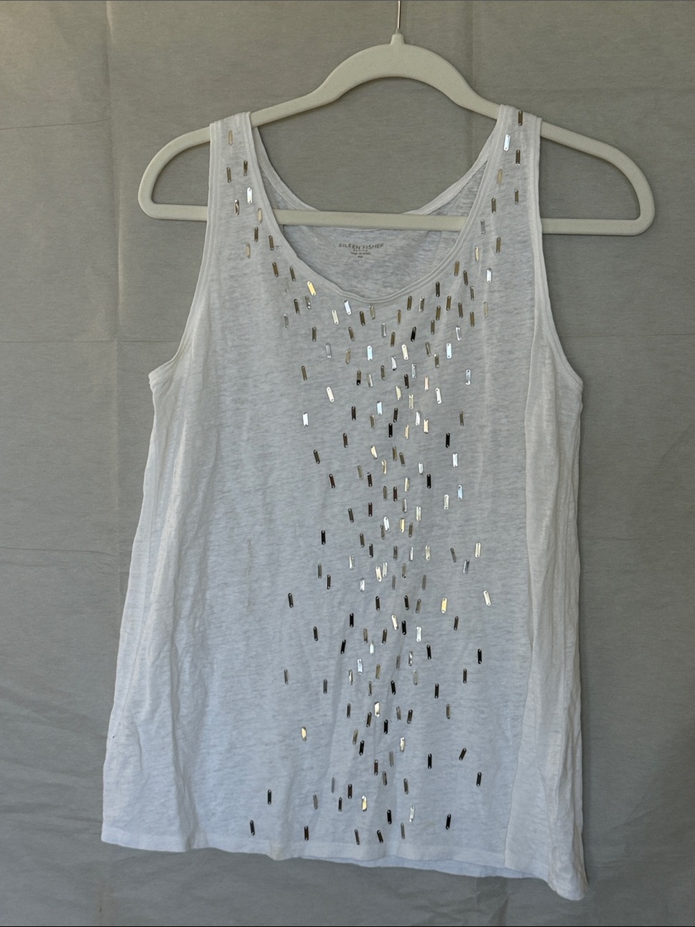 Eileen Fisher White Tank with Silver Sequin Accents 100% linen